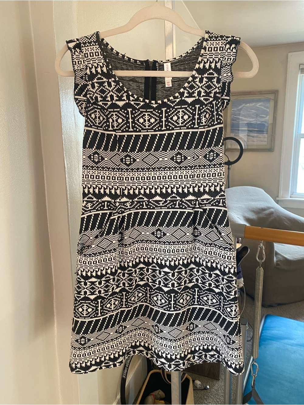 xhilaration Womens Aztec Print Knit with Ruffle Trim S Black and White Coquette